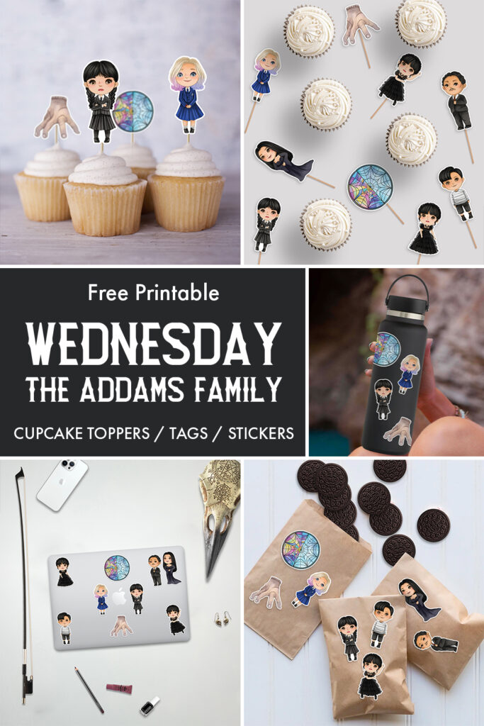 Wednesday Addams Family Cupcake Toppers, Tags or Stickers