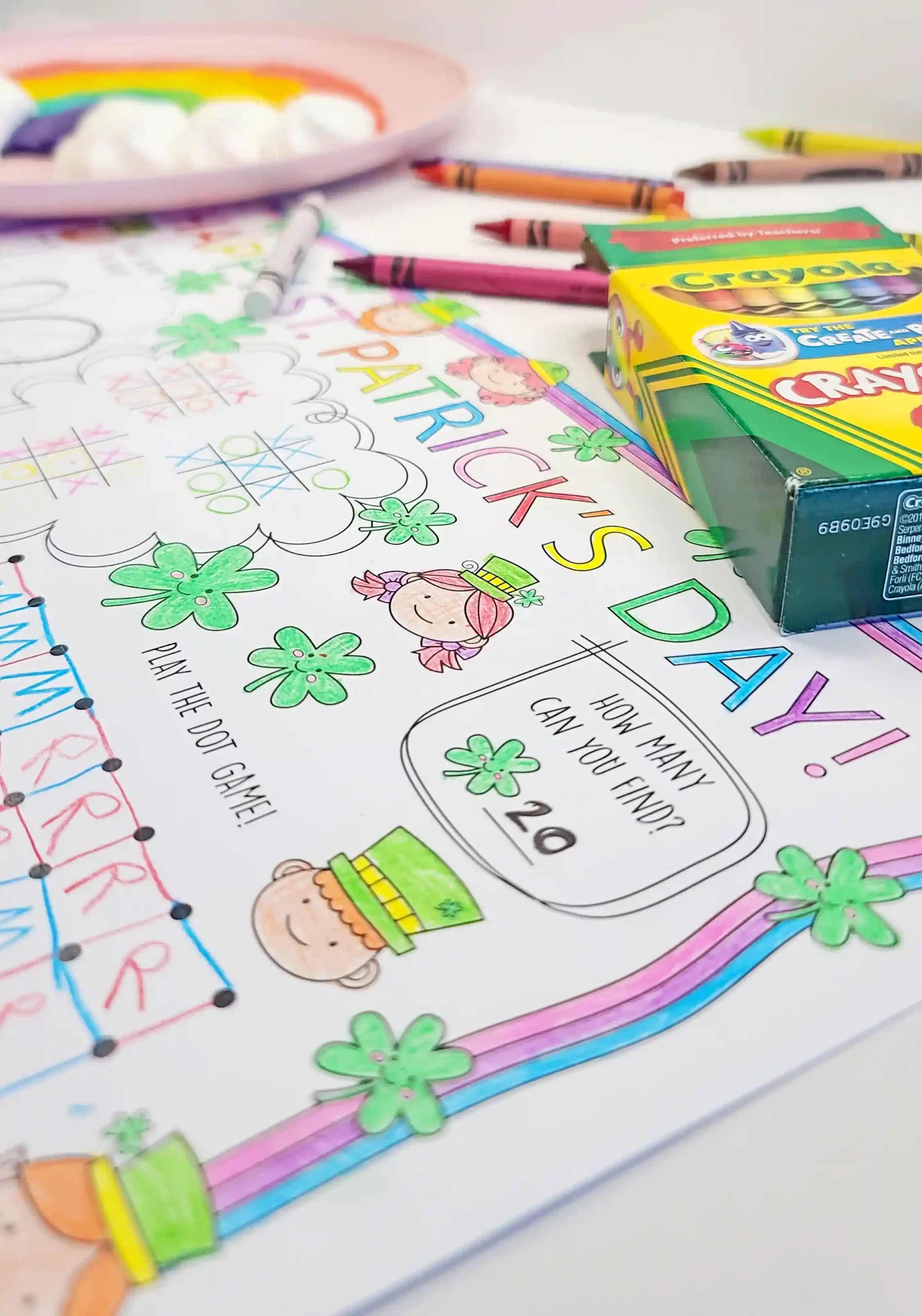 St. Patrick's Day printable placemat, coloring page, and activity sheet for kids. Download our St. Patrick's Day coloring page for a fun placemat for your St. Patrick's Day rainbow themed breakfast or meal.