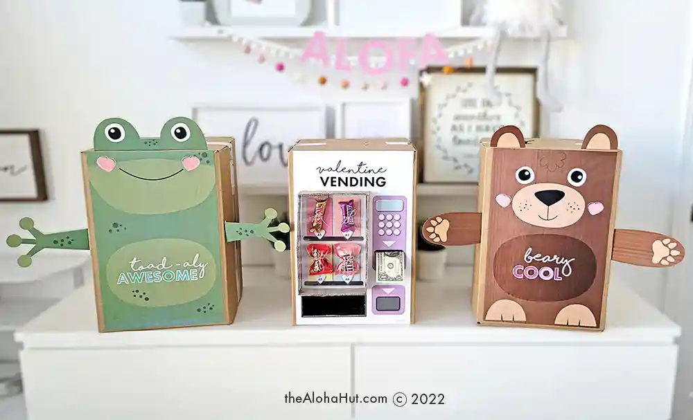 Easy Valentine's Day Box Ideas - free printable - Vending Machine, Frog, Bear