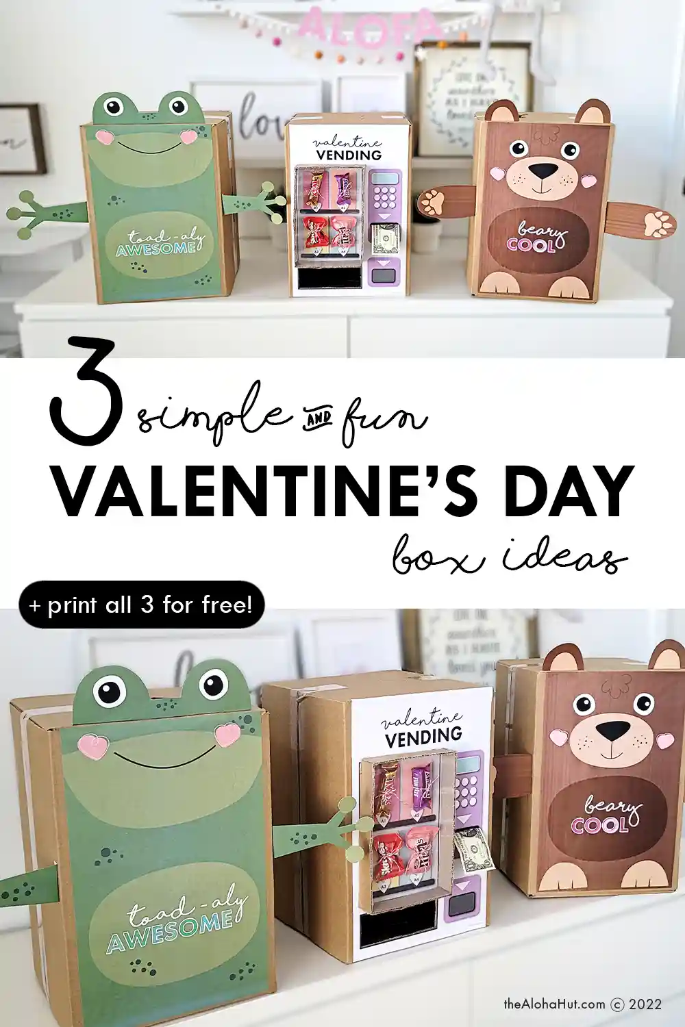 Easy Valentine's Day Box Ideas - free printable - Vending Machine, Frog, Bear