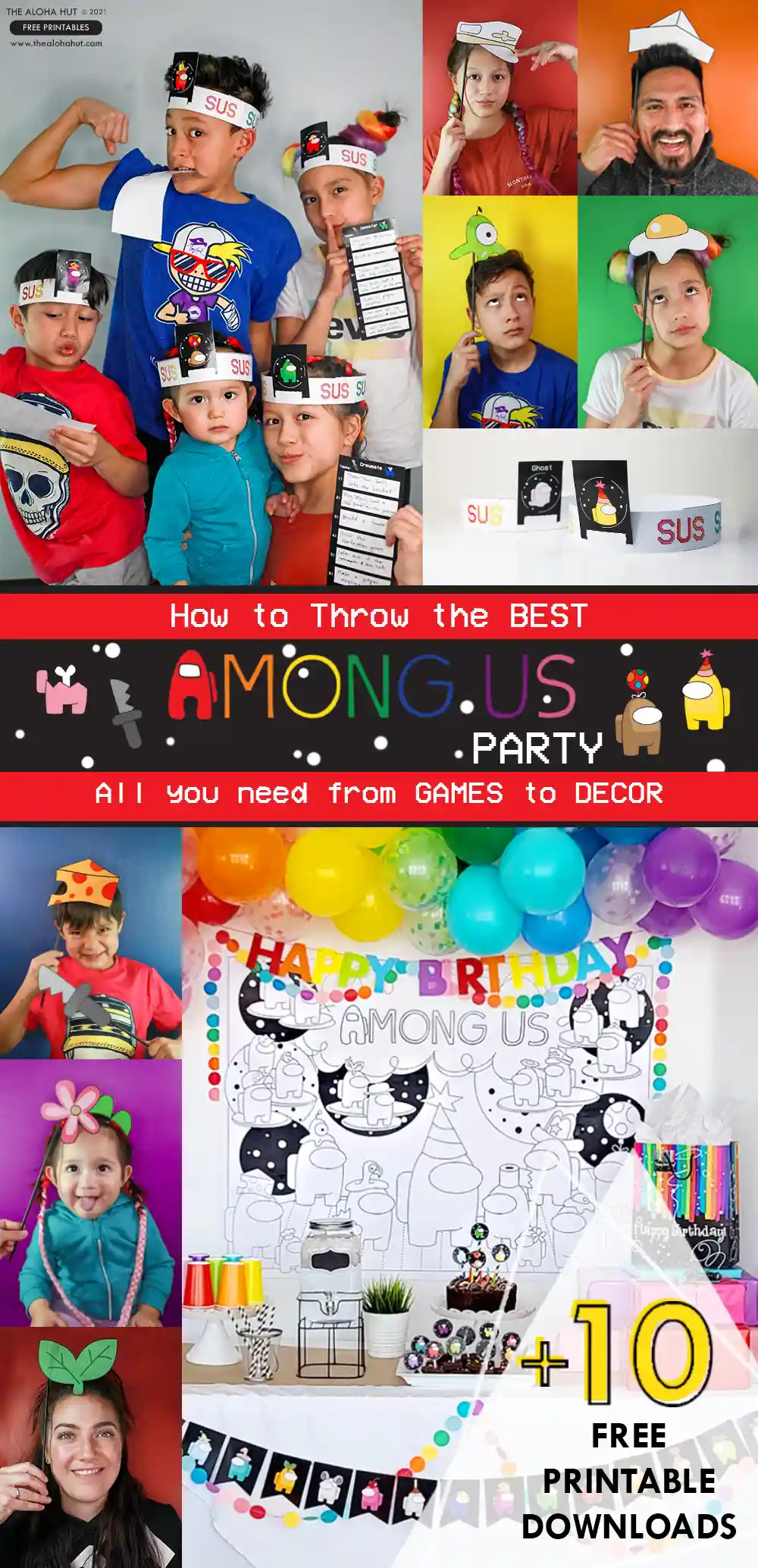 The best Among Us kids birthday party ideas, decorations, games, and activities including how to play Among Us in real life! Download the printable party pack for an easy Among Us party that is sure to be the best kids birthday celebration!! Includes photobooth props, Among Us cupcake toppers, banners, garlands, Among Us coloring pages, themed party games, and more!