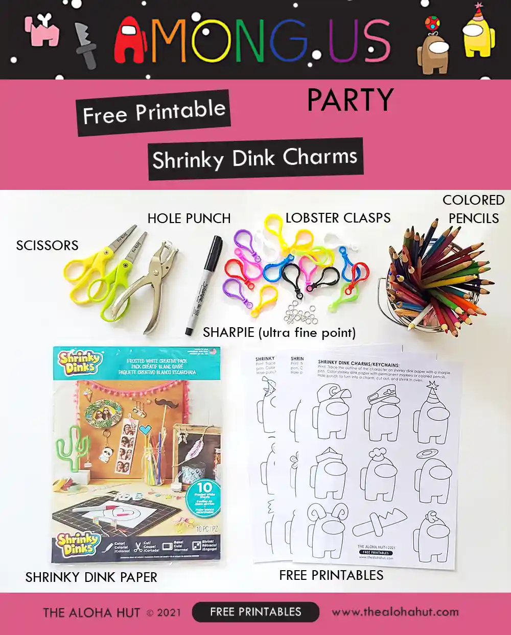Among Us shrinky dinks craft and kids activity. Make your own DIY Among Us keychains and charms. This is an easy kids craft and would be such a fun activity at an Among Us kids birthday party!!