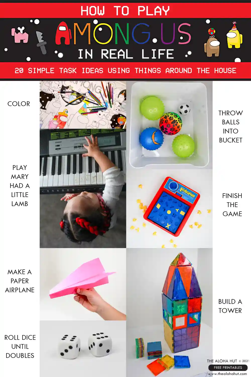 How to Play Among Us in Real Life with printable headbands, imposter cards, ghost cards, buzzer, simple tasks, and more for an EPIC Among Us kids birthday party or youth activity.