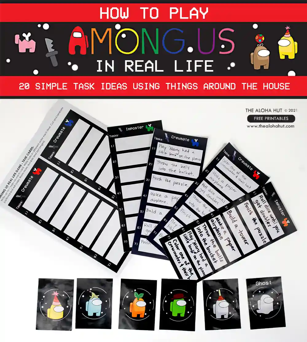 How to Play Among Us in Real Life with printable headbands, imposter cards, ghost cards, buzzer, simple tasks, and more for an EPIC Among Us kids birthday party or youth activity.