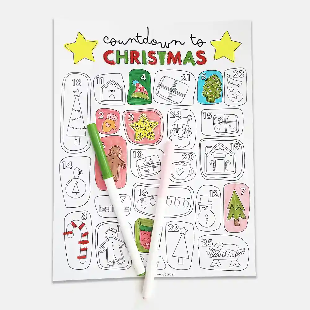 Countdown to Christmas Advent Calendar & Coloring Page