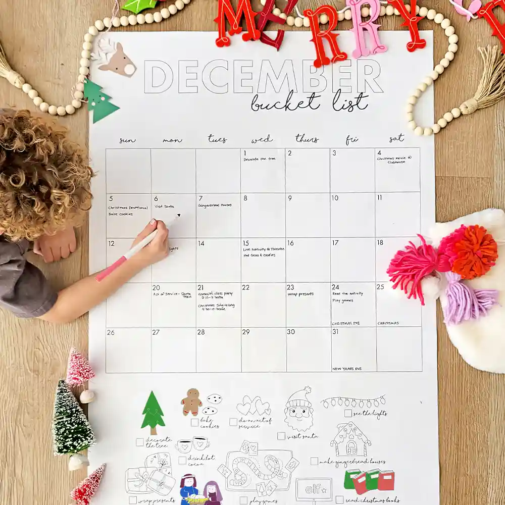 December Calendar Bucket List - free printable coloring page poster