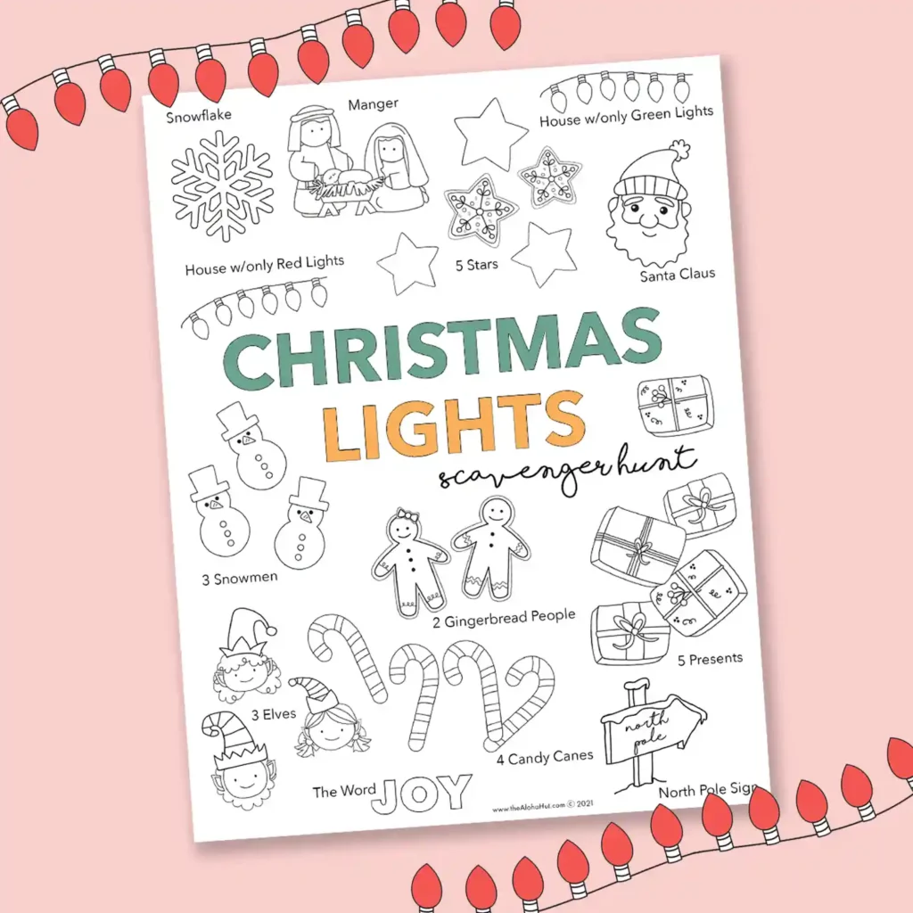Christmas Lights Scavenger Hunt coloring page - free printable
