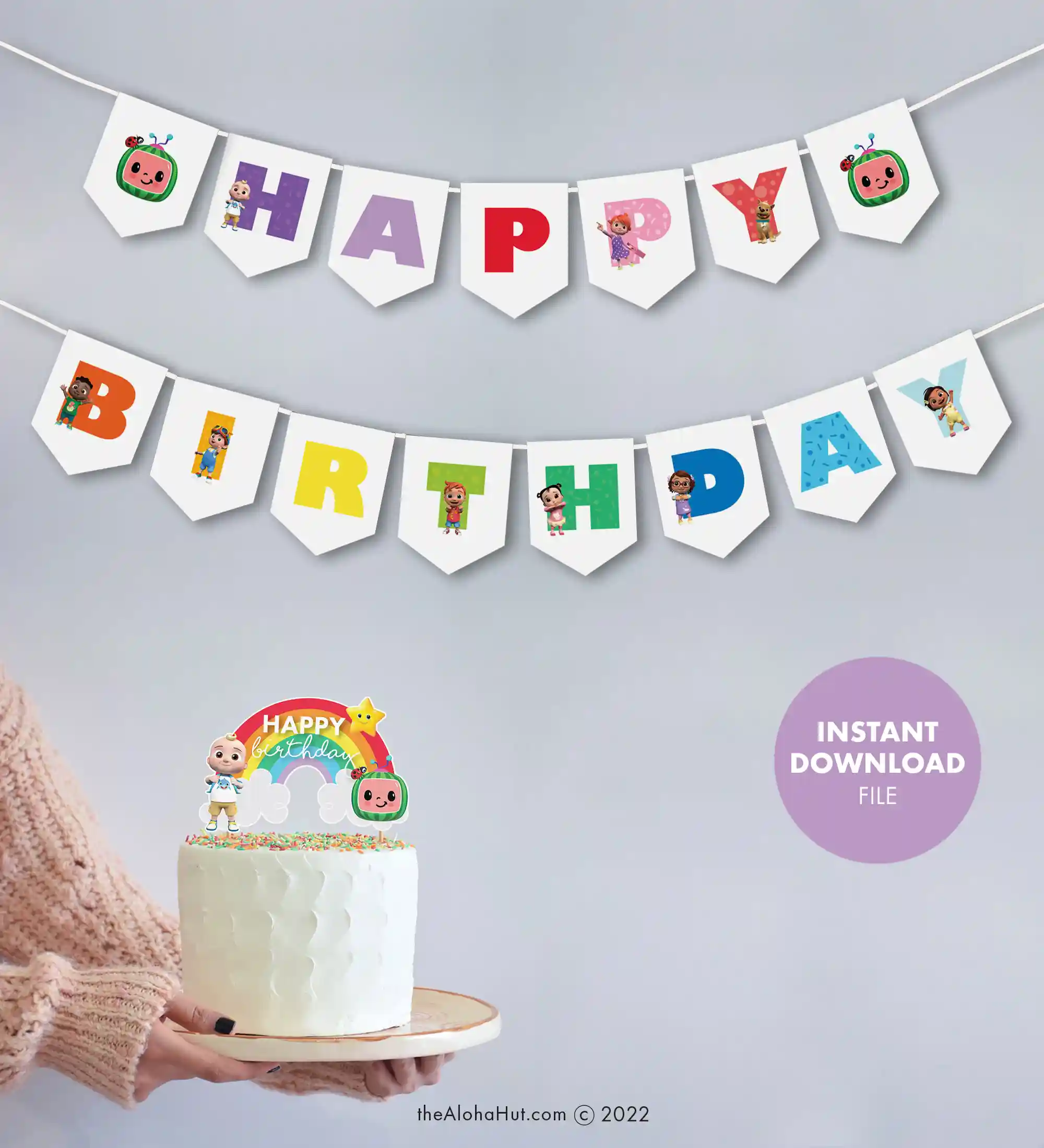 Cocomelon Birthday Party Ideas - free printable games & decor - cake topper & banner