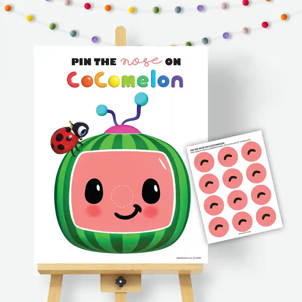 Cocomelon Birthday Party Ideas - free printable games & decor - Pin the Tail on the Donkey - Pin the Nose on Cocomelon