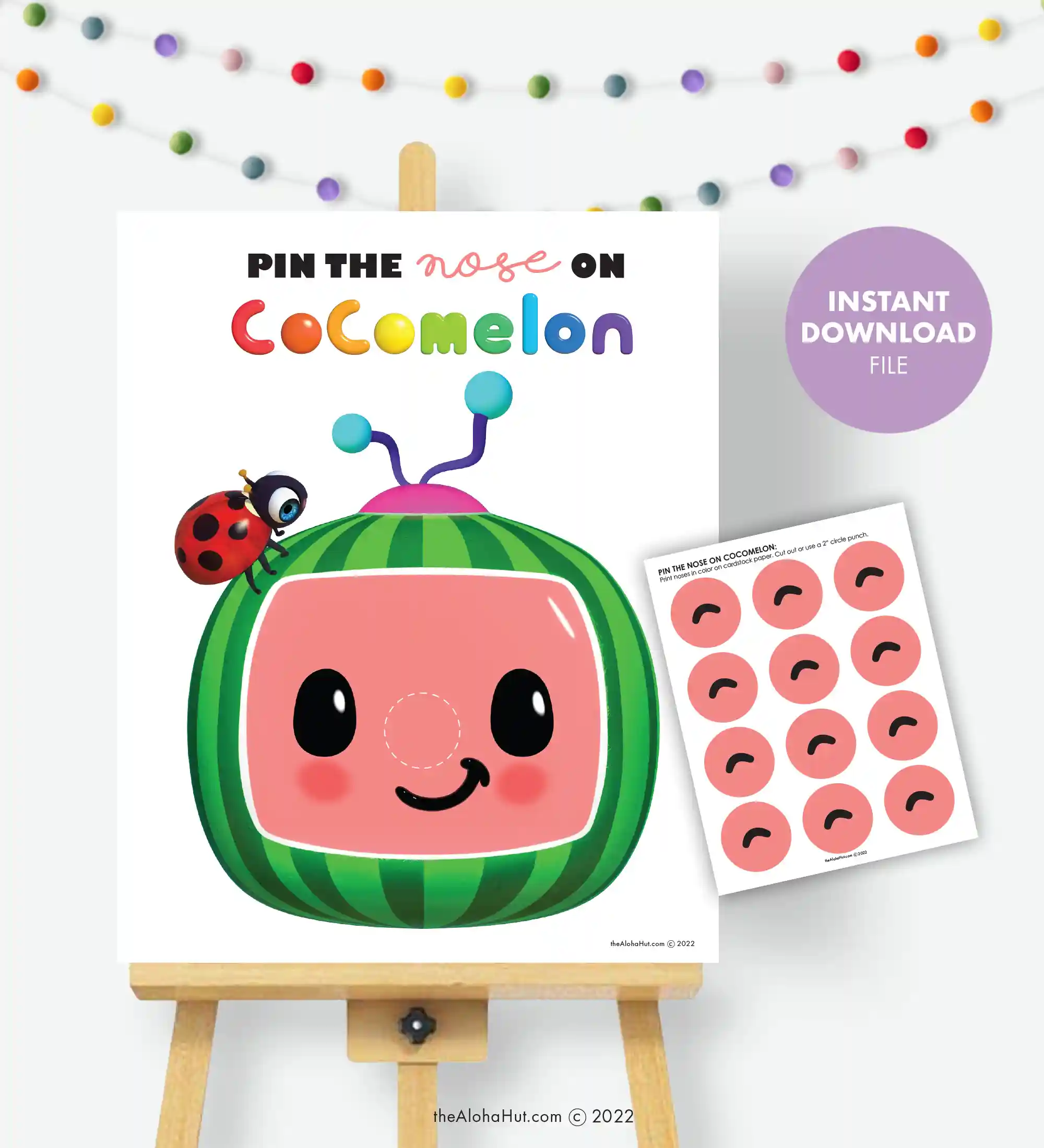 Cocomelon Birthday Party Ideas - free printable games & decor - Pin the Tail on the Donkey - Pin the Nose on Cocomelon