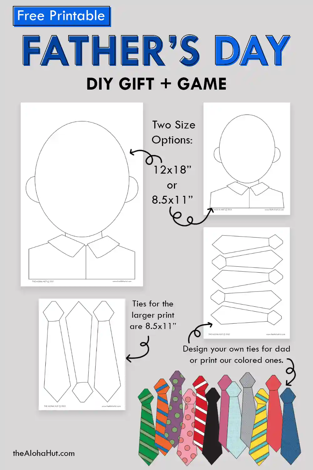 Pin the tie on dad Father's Day game and activity. Perfect activity for primary singing time at church or for the kids to play with dad. Print the Father's Day coloring pages and help kids draw a picture of dad or grandpa. Then print the ties and have the kids write messages on the ties. Makes a great Father's Day card and easy Father's Day gift from the kids. Also a great art activity for the kids to draw pictures of dad.