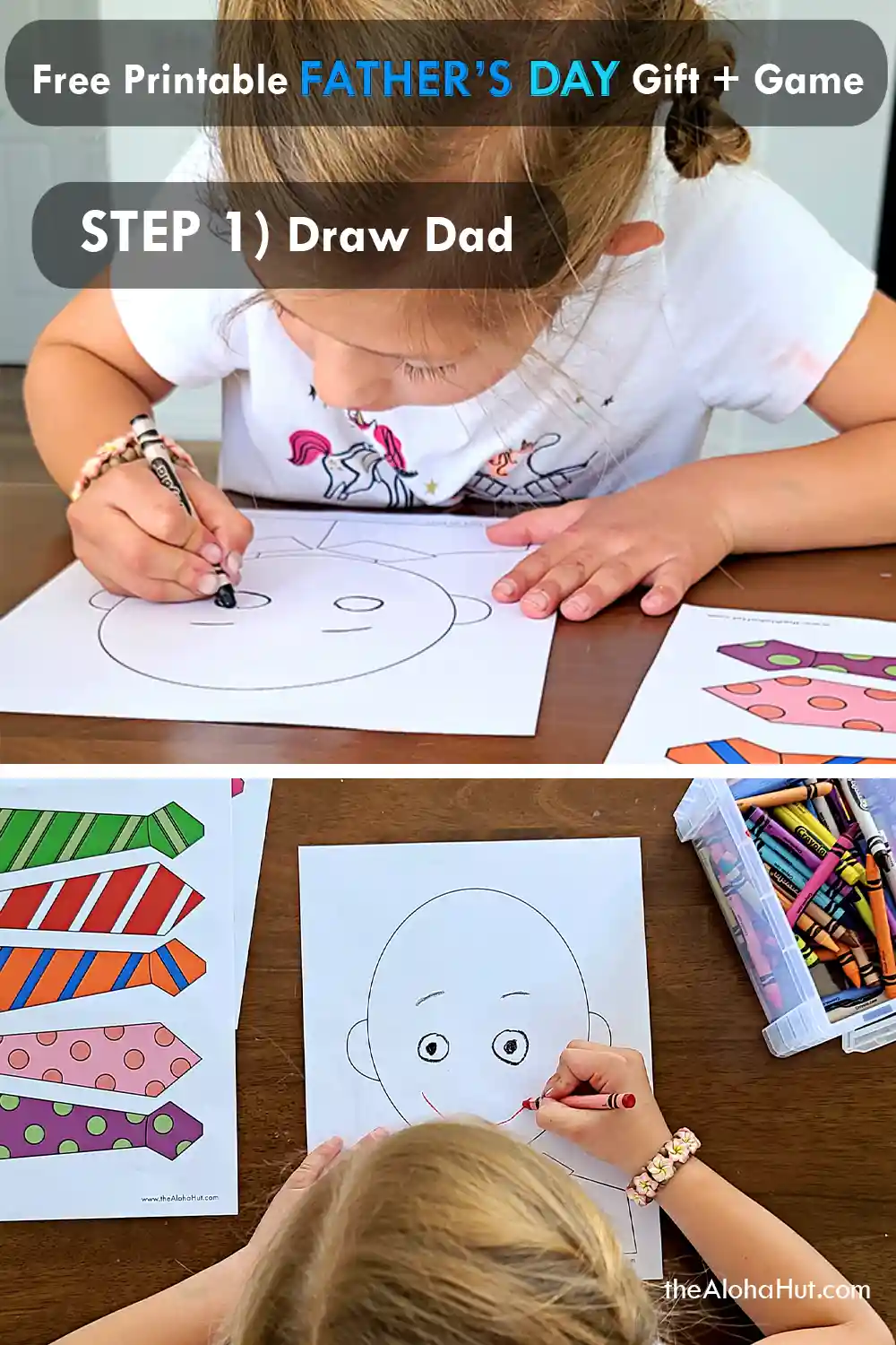 Pin the tie on dad Father's Day game and activity. Perfect activity for primary singing time at church or for the kids to play with dad. Print the Father's Day coloring pages and help kids draw a picture of dad or grandpa. Then print the ties and have the kids write messages on the ties. Makes a great Father's Day card and easy Father's Day gift from the kids. Also a great art activity for the kids to draw pictures of dad.