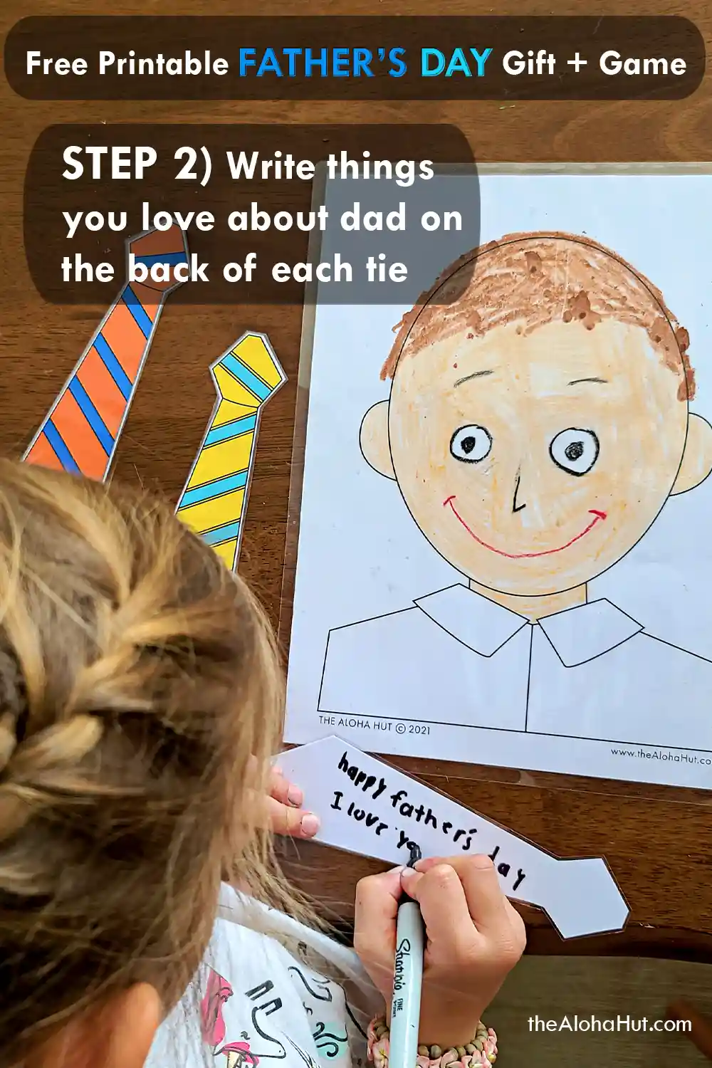 Pin the tie on dad Father's Day game and activity. Perfect activity for primary singing time at church or for the kids to play with dad. Print the Father's Day coloring pages and help kids draw a picture of dad or grandpa. Then print the ties and have the kids write messages on the ties. Makes a great Father's Day card and easy Father's Day gift from the kids. Also a great art activity for the kids to draw pictures of dad.