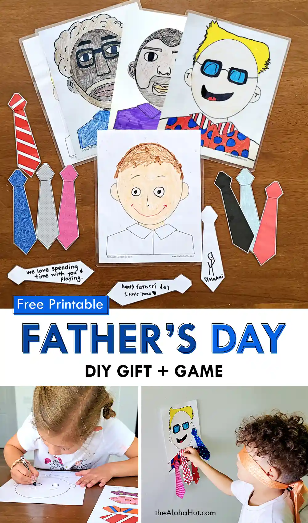 Pin the tie on dad Father's Day game and activity. Perfect activity for primary singing time at church or for the kids to play with dad. Print the Father's Day coloring pages and help kids draw a picture of dad or grandpa. Then print the ties and have the kids write messages on the ties. Makes a great Father's Day card and easy Father's Day gift from the kids.