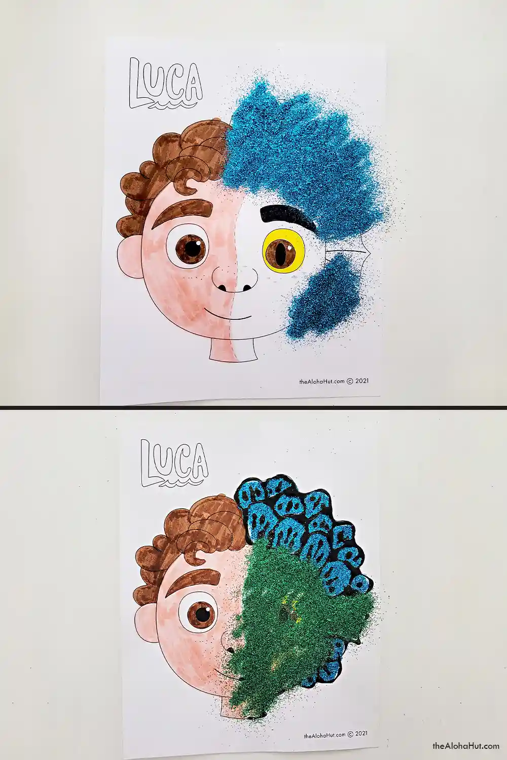 Disney Pixar LUCA Coloring Page - free printable - mixed media art - art activity for kids - glitter + black glue