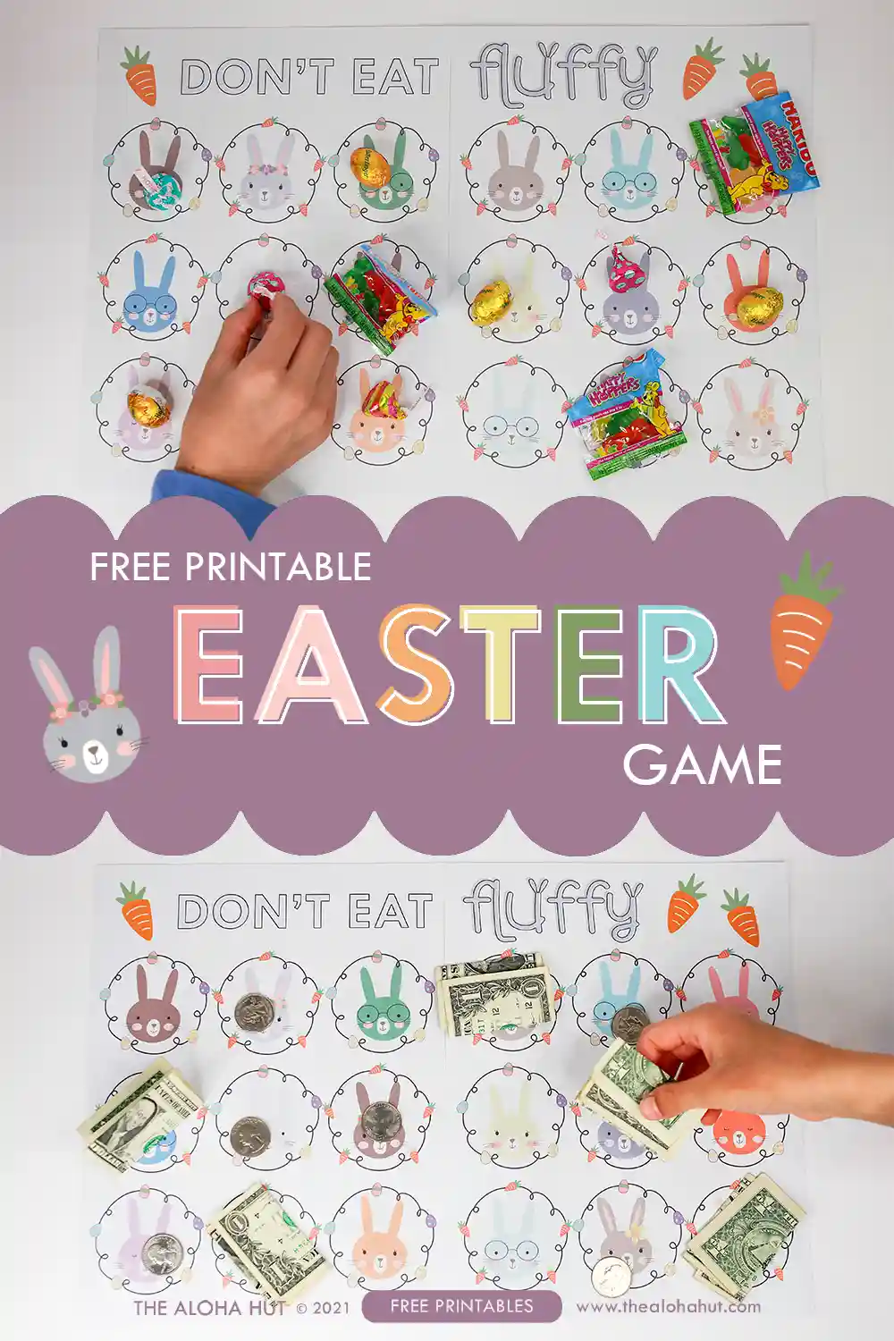 Fun and easy Easter game for kids. This printable Easter game is similar to the Don't Eat Pete game, but the Easter version called Don't Eat Fluffy. This is an easy Easter game for your kids Easter party or for an Easter game for a class party at school. Print and let the kids earn yummy Easter treats or small Easter prizes.