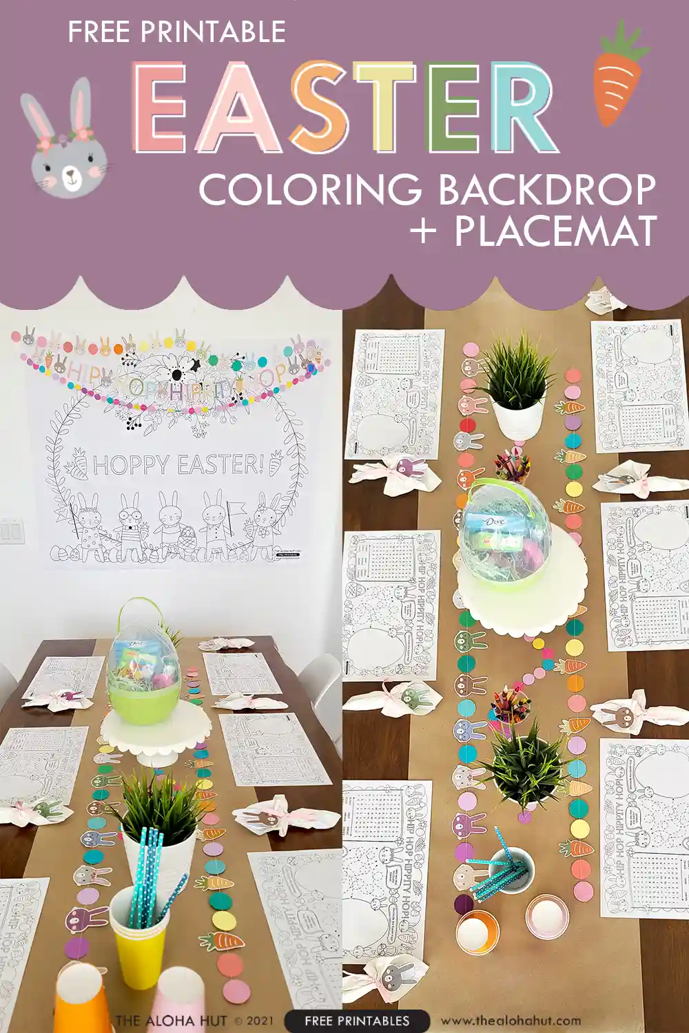 Printable giant Easter poster and Easter placemat coloring page and kids activity page to help you throw the perfect Easter brunch for your kids or for the whole family. Use the giant Easter coloring page as a backdrop for the kids table and then give each of the kids their own Easter activity coloring page and Easter placemat to color during the Easter meal.