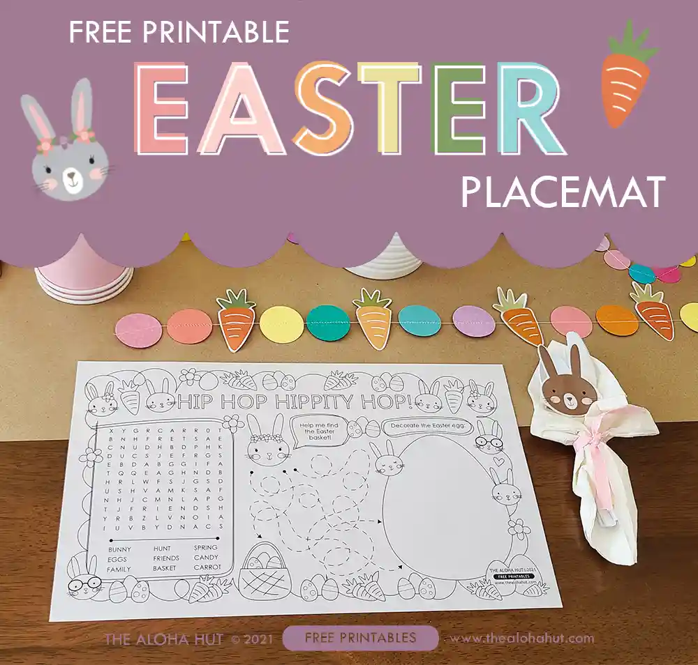 Printable giant Easter poster and Easter placemat coloring page and kids activity page to help you throw the perfect Easter brunch for your kids or for the whole family. Use the giant Easter coloring page as a backdrop for the kids table and then give each of the kids their own Easter activity coloring page and Easter placemat to color during the Easter meal.