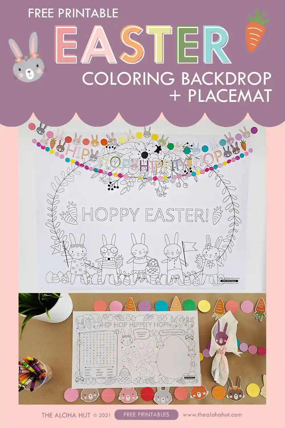Printable giant Easter poster and Easter placemat coloring page and kids activity page to help you throw the perfect Easter brunch for your kids or for the whole family. Use the giant Easter coloring page as a backdrop for the kids table and then give each of the kids their own Easter activity coloring page and Easter placemat to color during the Easter meal.