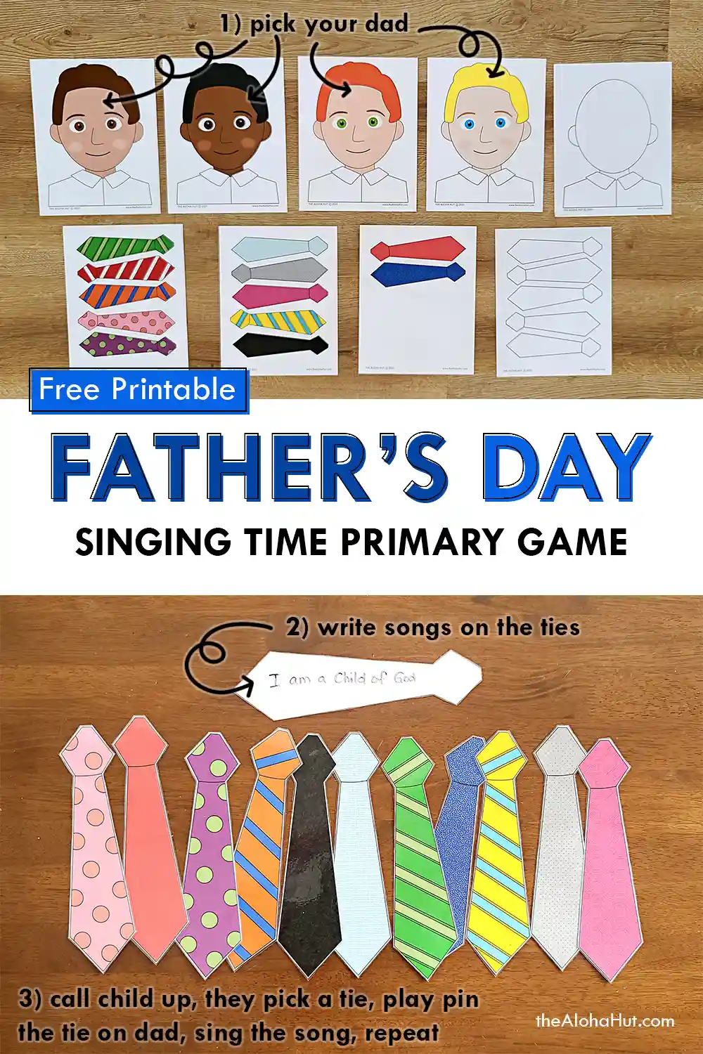 Pin the tie on dad Father's Day game and activity. Perfect activity for primary singing time at church or for the kids to play with dad. Print the Father's Day coloring pages and help kids draw a picture of dad or grandpa. Then print the ties and have the kids write messages on the ties. Makes a great Father's Day card and easy Father's Day gift from the kids.