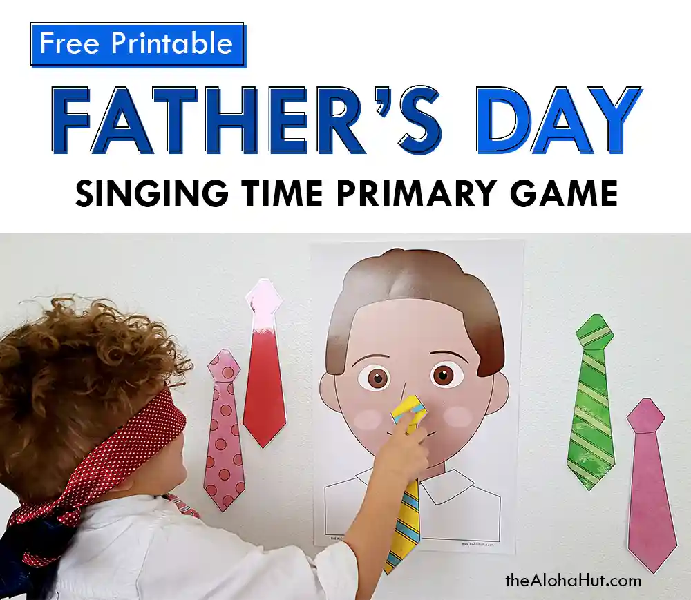 Pin the tie on dad Father's Day game and activity. Perfect activity for primary singing time at church or for the kids to play with dad. Print the Father's Day coloring pages and help kids draw a picture of dad or grandpa. Then print the ties and have the kids write messages on the ties. Makes a great Father's Day card and easy Father's Day gift from the kids.