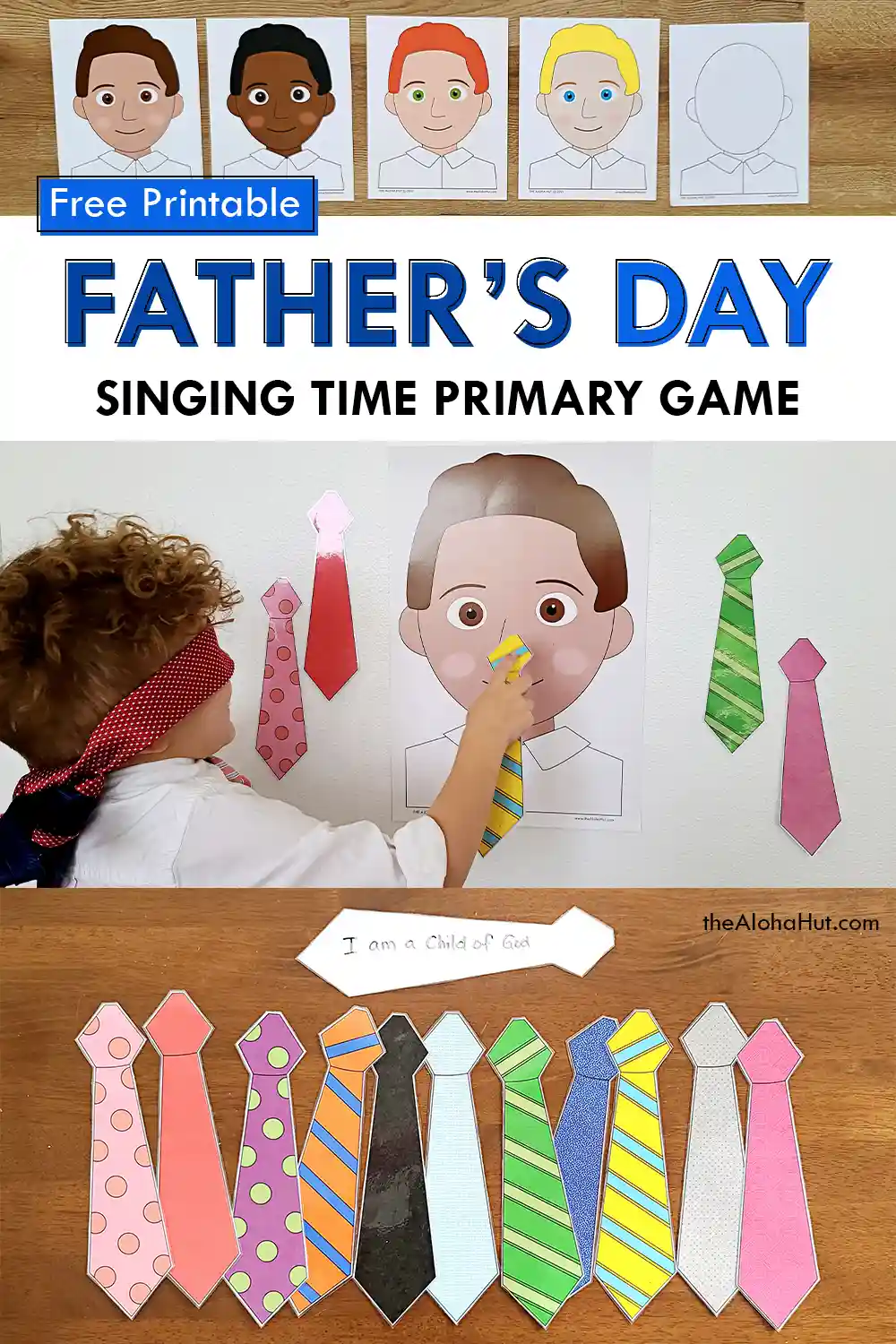 Pin the tie on dad Father's Day game and activity. Perfect activity for primary singing time at church or for the kids to play with dad. Print the Father's Day coloring pages and help kids draw a picture of dad or grandpa. Then print the ties and have the kids write messages on the ties. Makes a great Father's Day card and easy Father's Day gift from the kids.