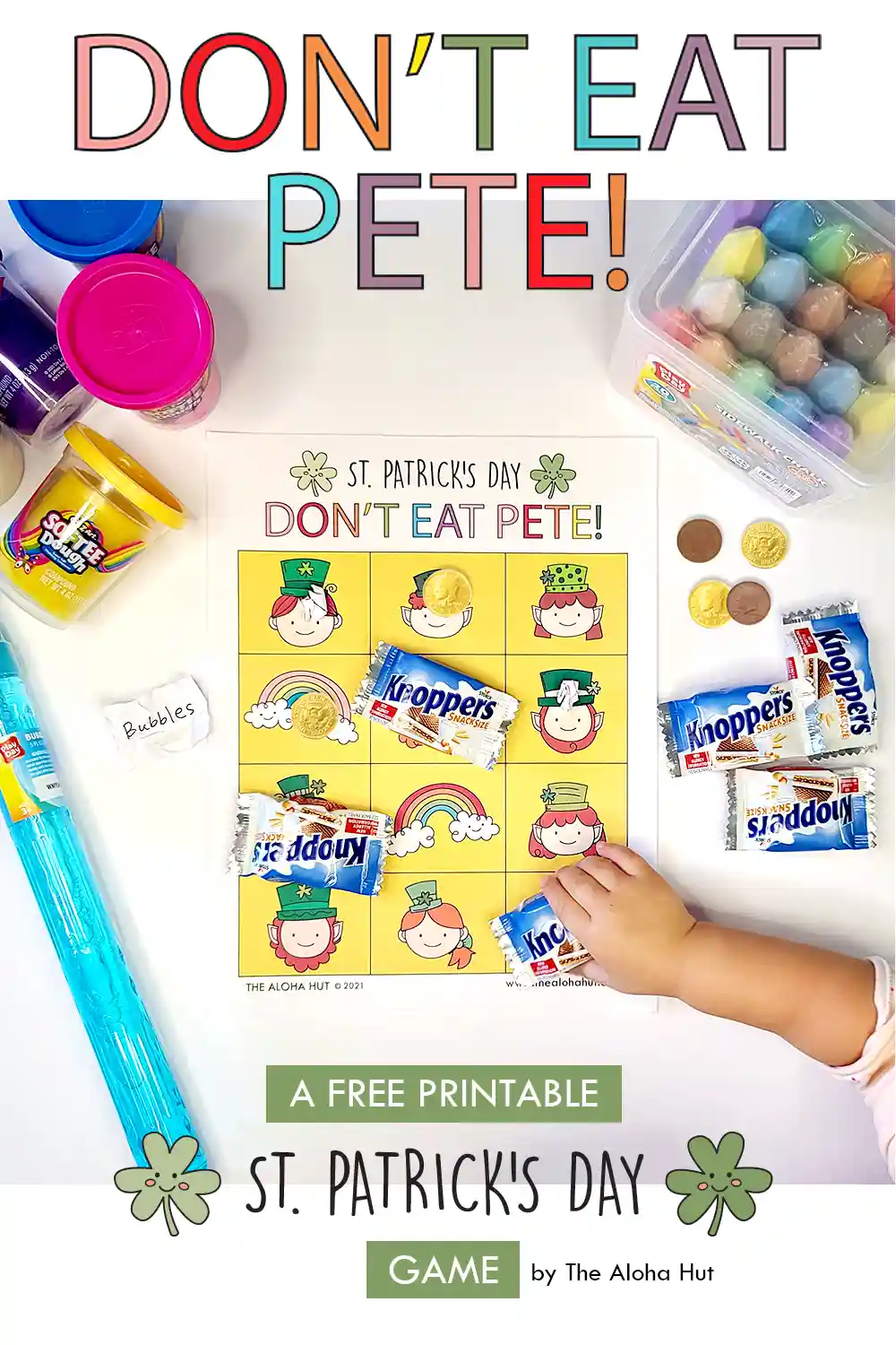Easy and fun games for St. Patrick's Day. Download our printable Don't Eat Pete game for your next St. Patrick's Day party or play date! This game is super easy to play and great for all ages. You put candy or prizes on each leprechaun and the kids try to not eat the one you decide is "Pete." Instructions on how to play Don't Eat Pete (the leprechaun) are included with this printable St. Patrick's Day game.