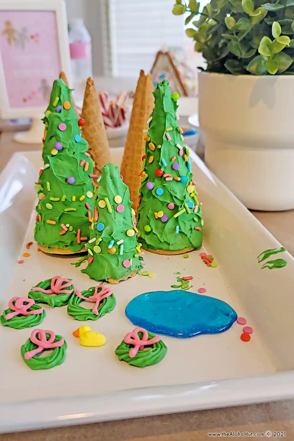Gingerbread Christmas Party - How to Host - free printable decor - ice cream cone trees, candy ponds, icing wreaths