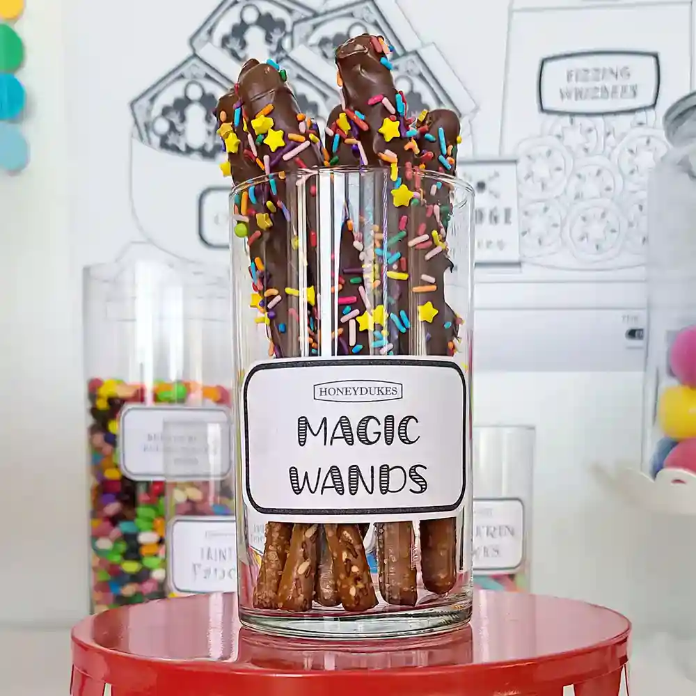 Harry Potter Party Ideas - Honeydukes - free printable party decor - chocolate pretzel wands