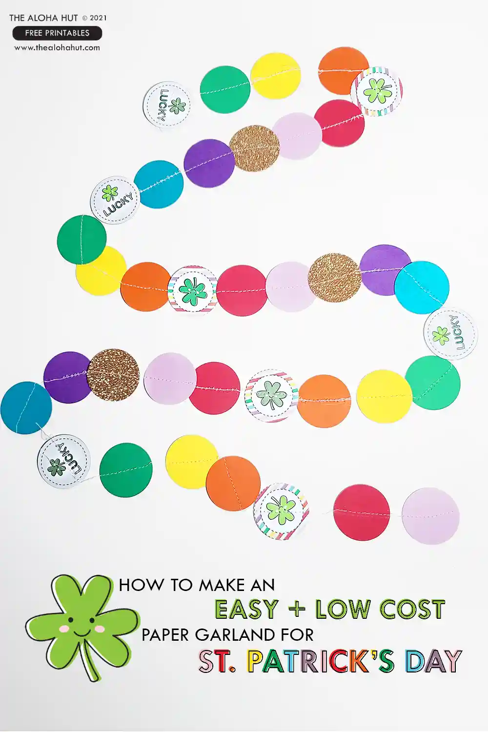 Easy St. Patrick's Day garland and ideas for how to make a rainbow paper garland to decorate for St. Patrick's day. Download our rainbow, four leaf clover, and leprechaun prints. Use a 2" circle punch to add more rainbow colors and some glittery gold circles. Then either sew them all together (it's so easy to sew paper!) or attach them to string or twine with tape. These St. Patrick's Day garlands would be fun to add to your party decor!