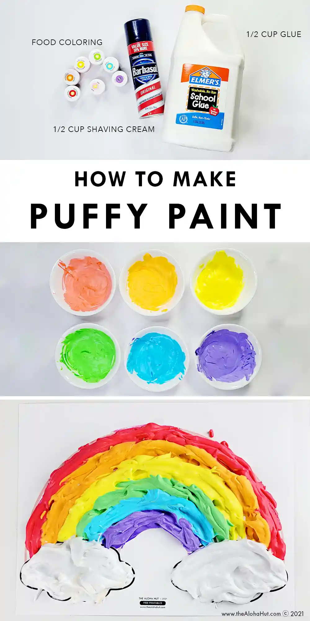 Step by step instrutions for how to make puffy paint with glue, shaving cream, and food coloring. Puffy paint is such an easy and fun kids activity. Use our printable playdough mats with your homemade DIY puffy paint for more guided, sensory play.