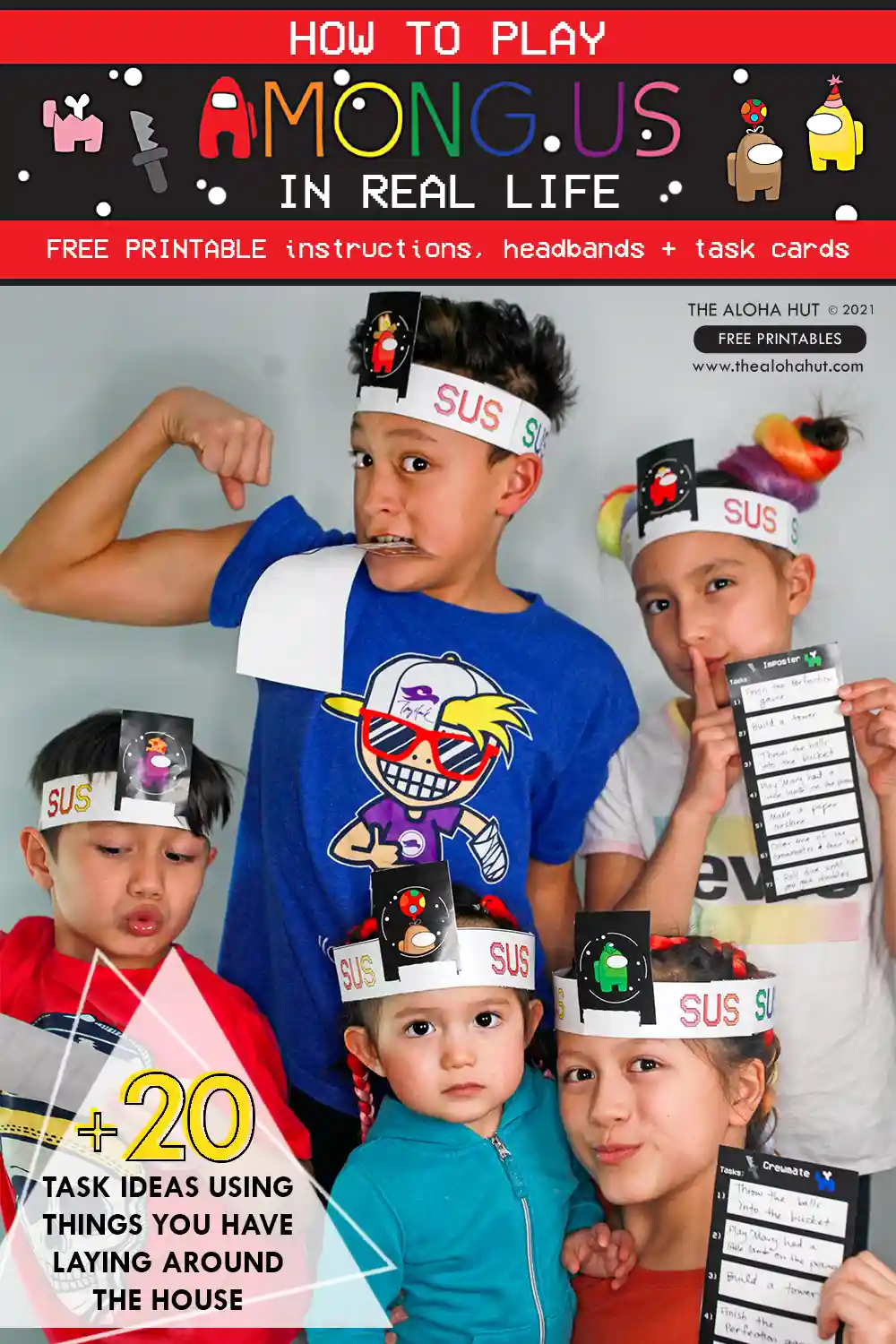 How to Play Among Us in Real Life with printable headbands, imposter cards, ghost cards, buzzer, simple tasks, and more for an EPIC Among Us kids birthday party or youth activity.