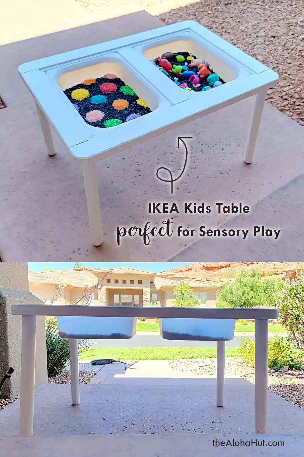 Among Us sensory table activity idea for kids, toddlers, and preschoolers. Download the printable I Spy Among Us game and instructions for an easy and fun kids sensory activity!