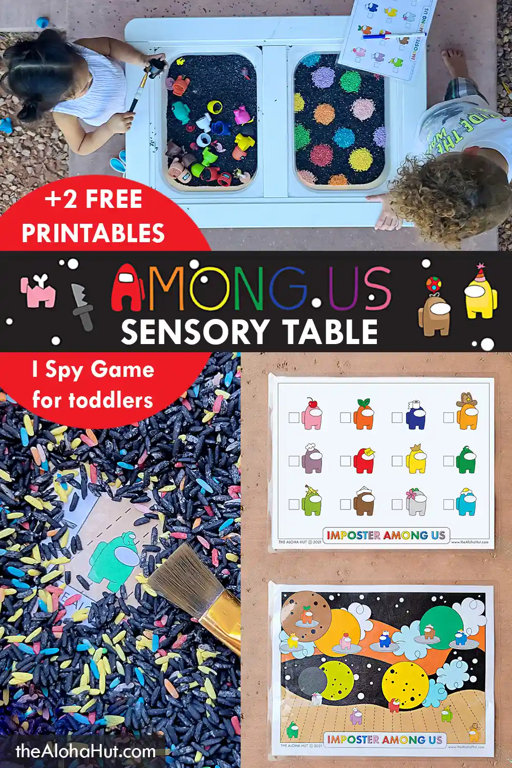 Among Us sensory table activity idea for kids, toddlers, and preschoolers. Download the printable I Spy Among Us game and instructions for an easy and fun kids sensory activity!