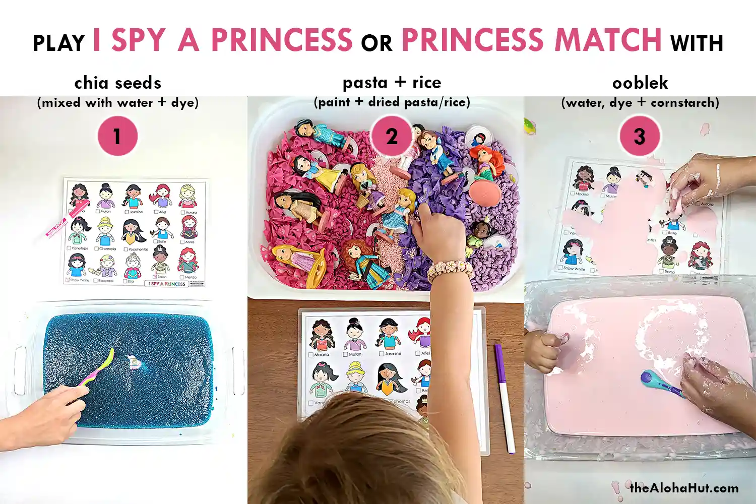 I Spy a princess game for toddlers and young kids. Download the easy princess game, add it to a sensory table with rice or beans or oobleck, and let the kids have fun with this hands on sensory matching game.