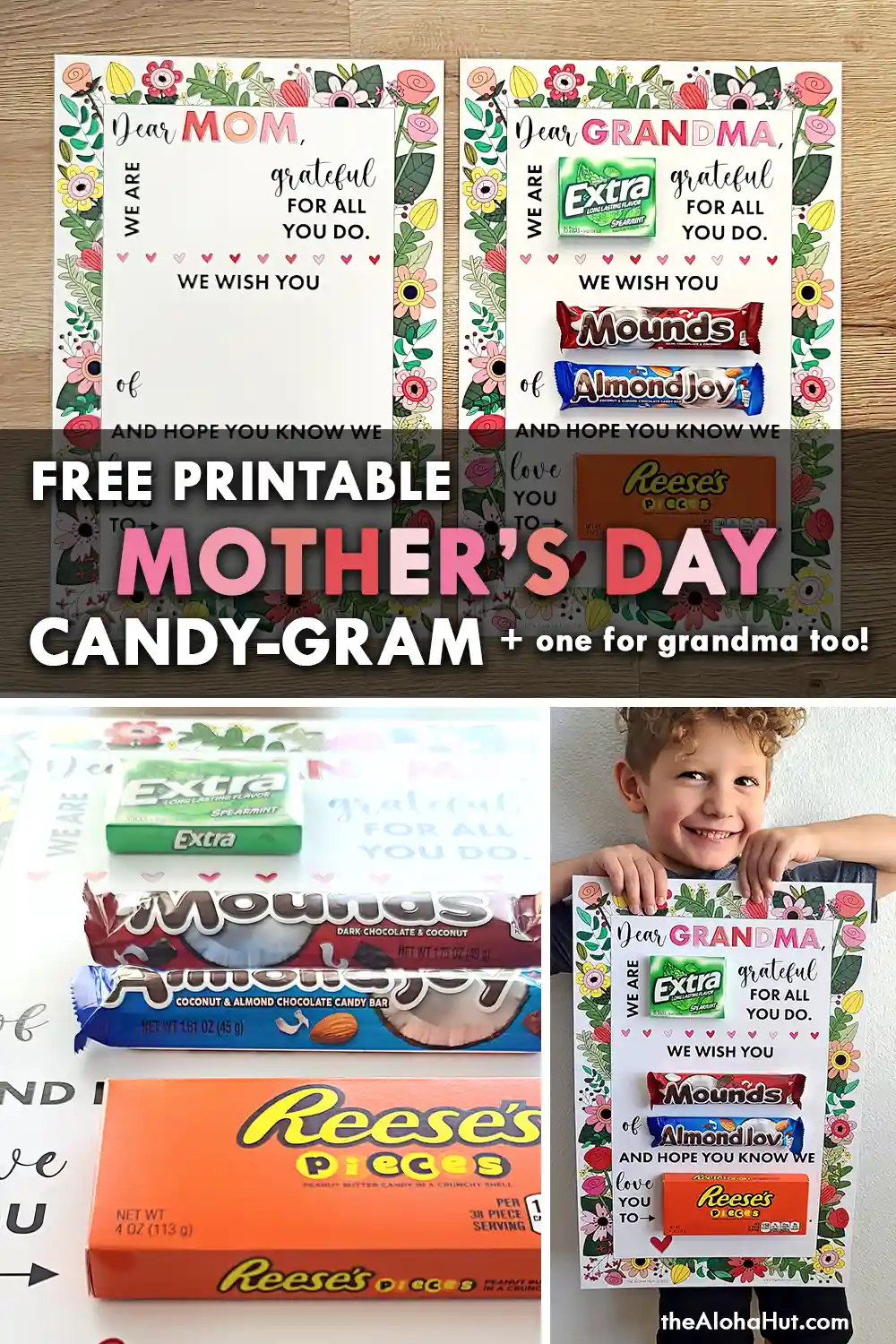 Easy and simple Mother's Day gift idea for mom - a giant candy gram card! Includes two different giant card variations, one for mom and another giant card for grandma. Simply print this Mother's Day card, add candy, and sign your name.