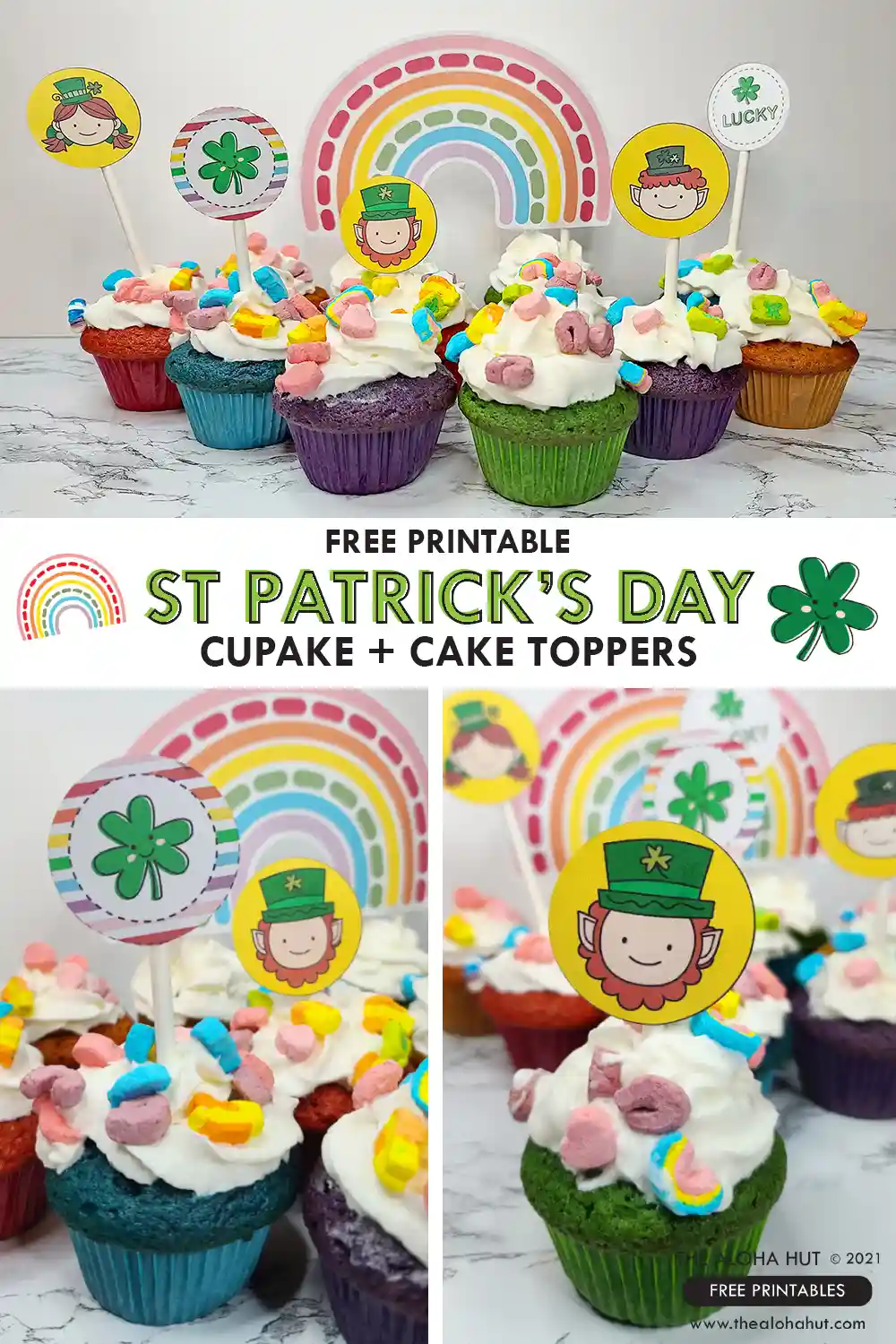 Printable St. Patrick's Day cake topper and cupcake topper ideas. Includes rainbow cupcake toppers, leprechaun cupcake toppers, and also four leaf clover cupcake toppers. You can easily add them to a cake for a fun and colorful St. Patrick's Day cake topper. Or print and cut them out to use as a gift tag for your St. Patrick's Day treats and gifts.