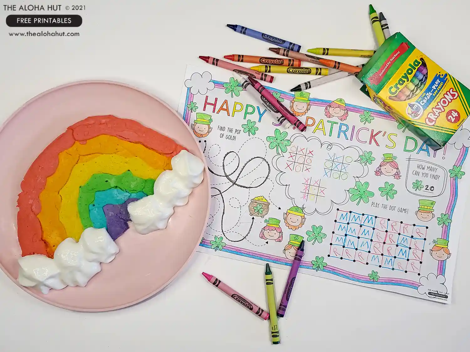 St. Patrick's Day printable placemat, coloring page, and activity sheet for kids. Download our St. Patrick's Day coloring page for a fun placemat for your St. Patrick's Day rainbow themed breakfast or meal.