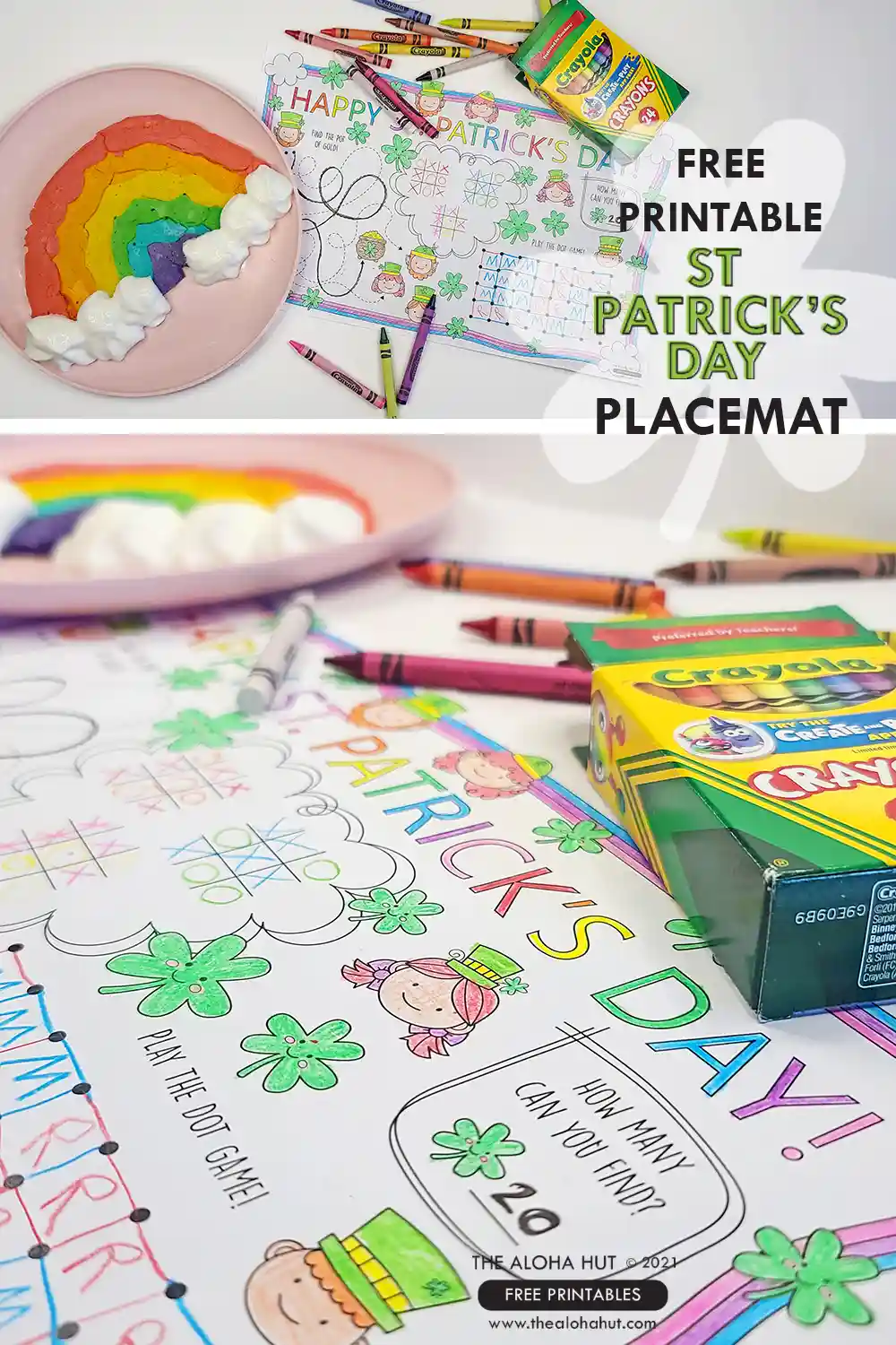 St. Patrick's Day printable placemat, coloring page, and activity sheet for kids. Download our St. Patrick's Day coloring page for a fun placemat for your St. Patrick's Day rainbow themed breakfast or meal.