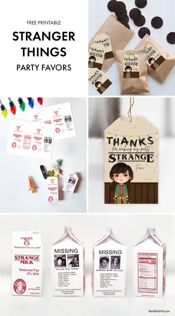 Stranger Things Party Favors - tags & 80's missing child milk cartons