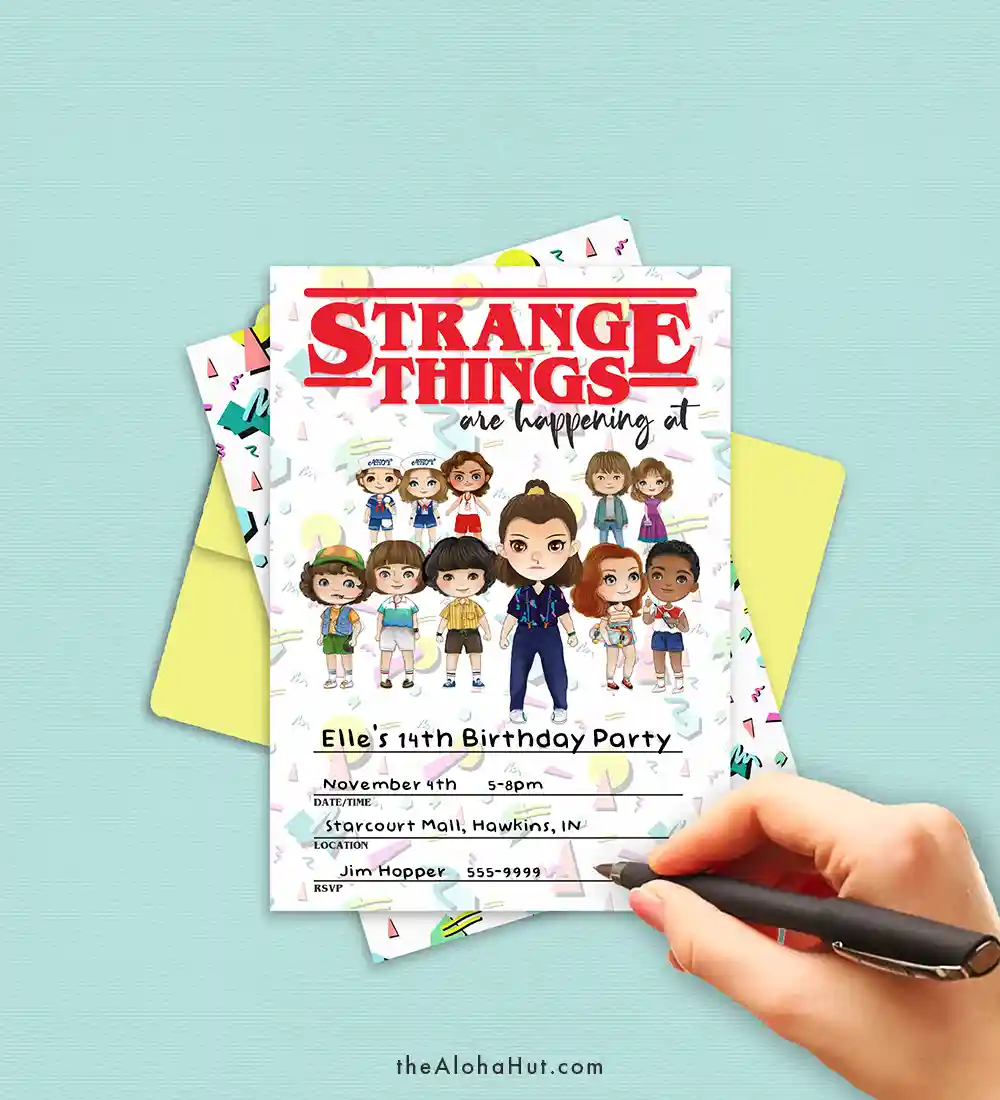 Stranger Things Party Invitations - 80's print Eleven mall outfit