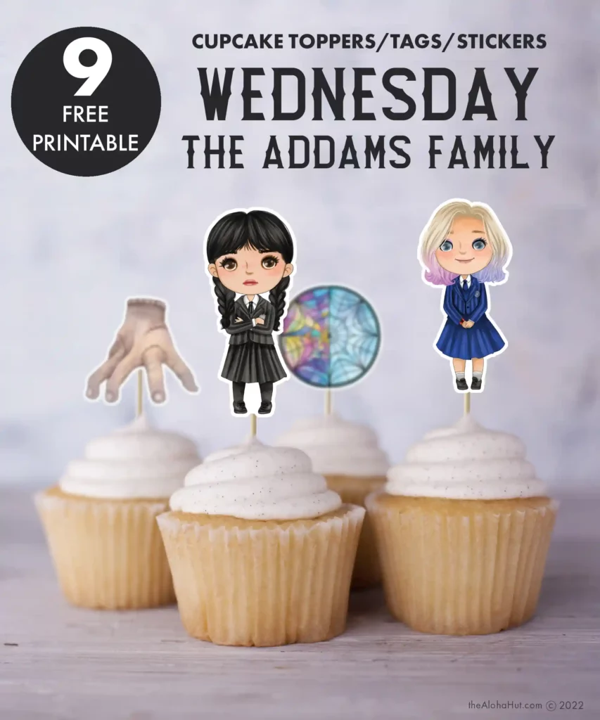 Free Wednesday Addams Family Cupcake Toppers or Stickers