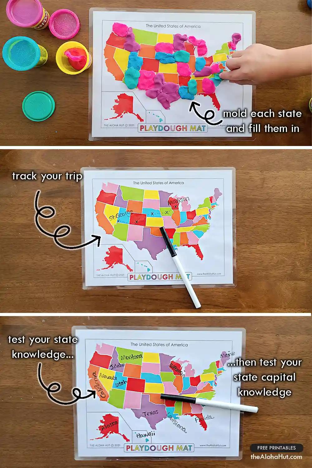 DIY Portable Road Trip Kits - 10 Free Printable Activity Pages - Travel Games - Playdough Mat United States Map
