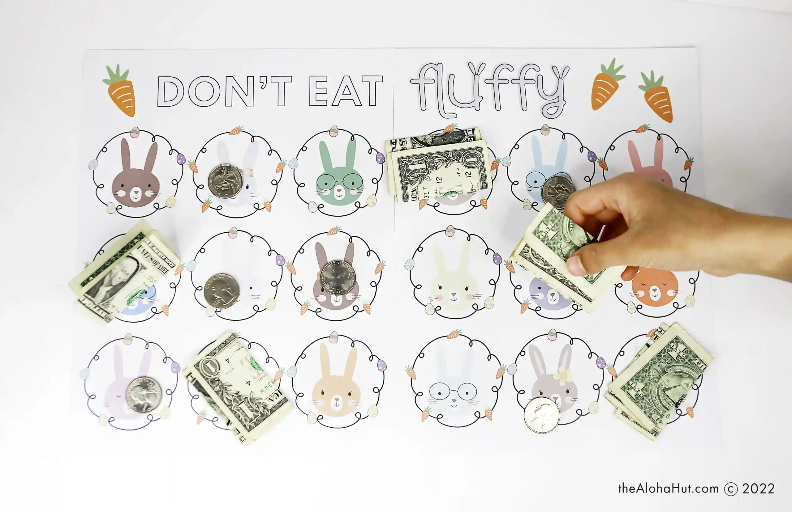 Fun and easy Easter game for kids. This printable Easter game is similar to the Don't Eat Pete game, but the Easter version called Don't Eat Fluffy. This is an easy Easter game for your kids Easter party or for an Easter game for a class party at school. Print and let the kids earn yummy Easter treats or small Easter prizes.