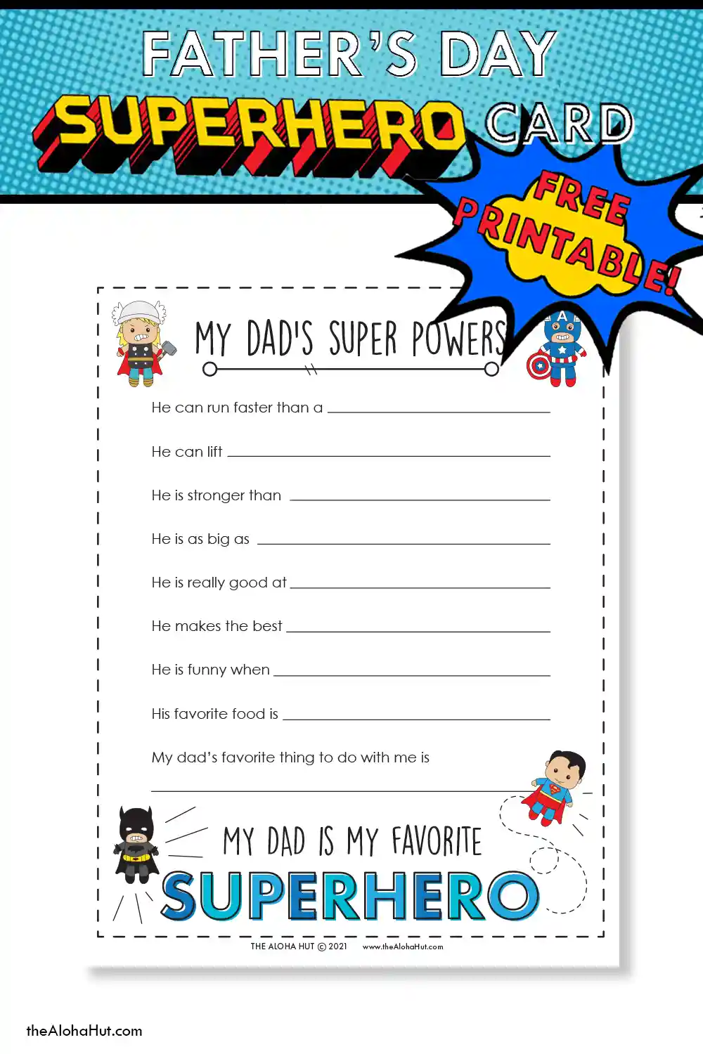 Father's Day superhero coloring pages and easy superhero Father's Day cards for dad. Download the printable superhero coloring pages and cards plus the All About Dad questionnaire for a fun and easy Father's Day gift for dad. Color the pages and superhero cards, fill out the questionnaire about dad, and then gather all his favorite treats for a fun family movie night for Father's Day watching your favorite superhero movie!