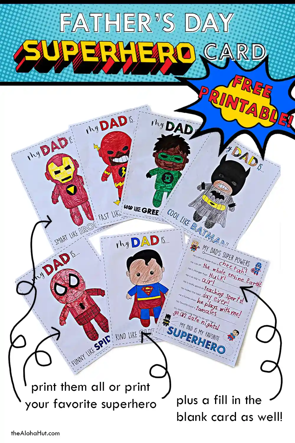 Father's Day superhero coloring pages and easy superhero Father's Day cards for dad. Download the printable superhero coloring pages and cards plus the All About Dad questionnaire for a fun and easy Father's Day gift for dad. Color the pages and superhero cards, fill out the questionnaire about dad, and then gather all his favorite treats for a fun family movie night for Father's Day watching your favorite superhero movie!