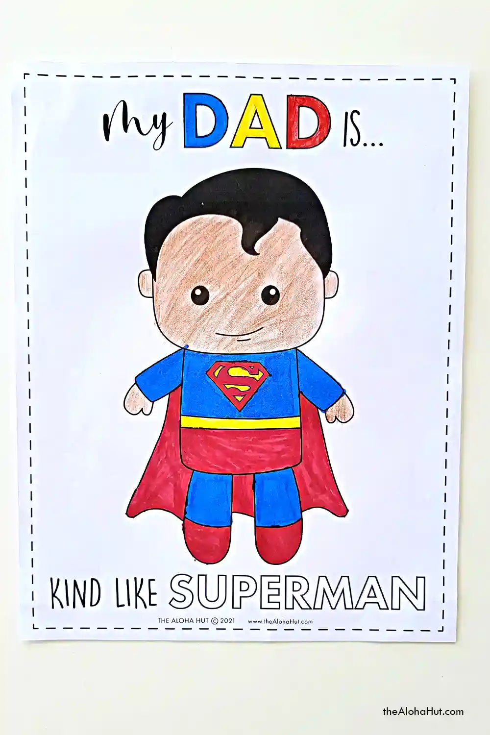 Father's Day superhero coloring pages and easy superhero Father's Day cards for dad. Download the printable superhero coloring pages and cards plus the All About Dad questionnaire for a fun and easy Father's Day gift for dad. Color the pages and superhero cards, fill out the questionnaire about dad, and then gather all his favorite treats for a fun family movie night for Father's Day watching your favorite superhero movie!