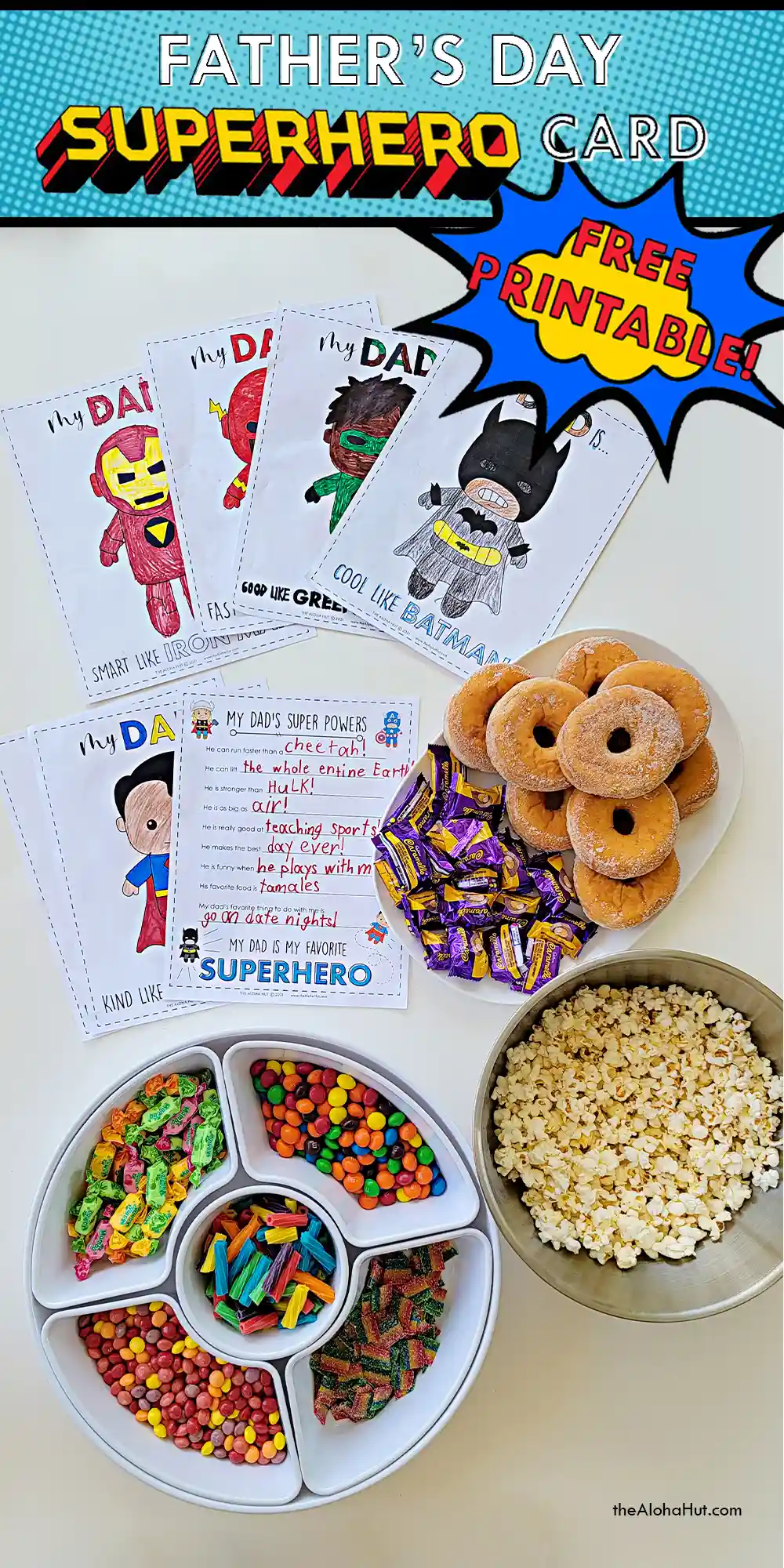 Superhero themed Father's Day gift ideas that are inexpensive. Includes superhero coloring pages, an All About Dad questionnaire and page, plus a superhero poster for dad. Print the Father's Day superhero gift bundle and have a fun family movie night with dad watching your favorite superhero movie.