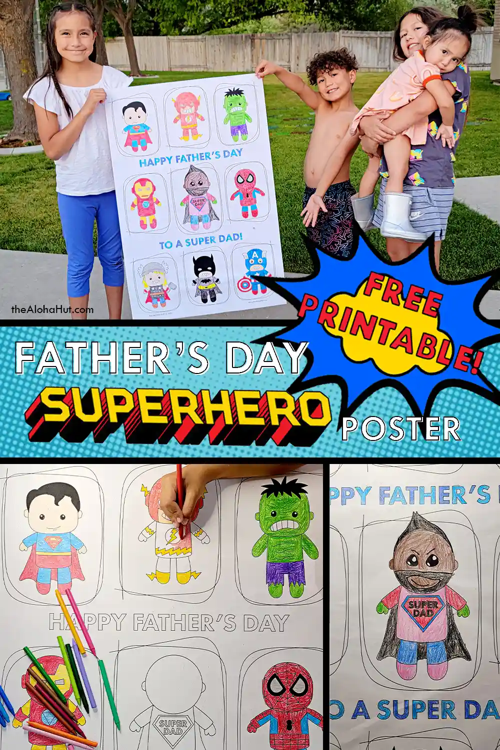 Father's Day superhero coloring pages and easy superhero Father's Day cards for dad. Download the printable superhero coloring pages and cards plus the All About Dad questionnaire for a fun and easy Father's Day gift for dad. Color the pages and superhero cards, fill out the questionnaire about dad, and then gather all his favorite treats for a fun family movie night for Father's Day watching your favorite superhero movie!