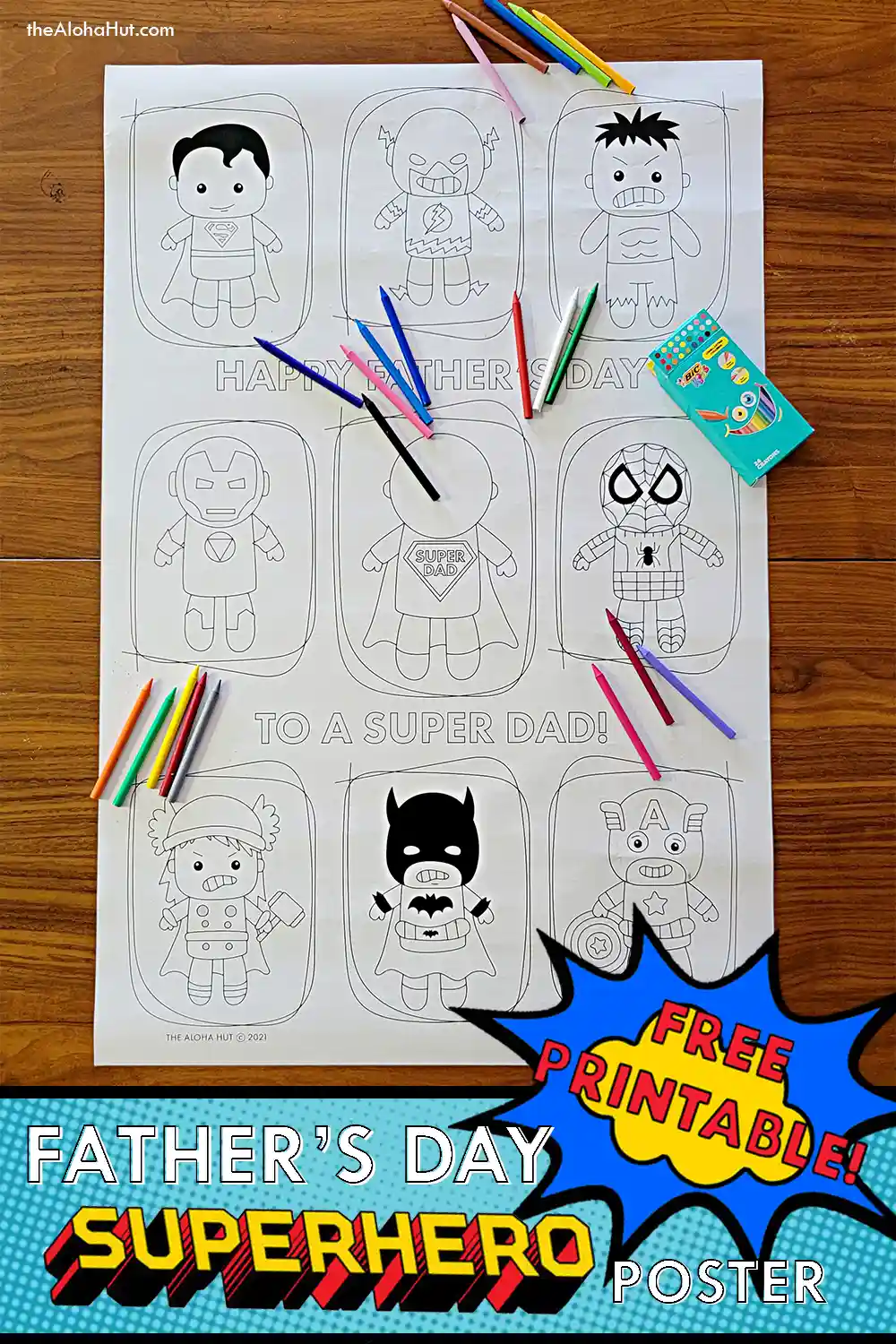 Father's Day giant coloring poster for dad that is superhero themed. Say Happy Father's Day to dad with this fun superhero coloring poster. Includes a spot to draw a dad as a superhero. Fun and easy gift for the kids to give dad this Father's Day.